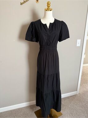 Quince | 100% Organic Cotton Poplin Tiered Maxi Dress | Black | Size L